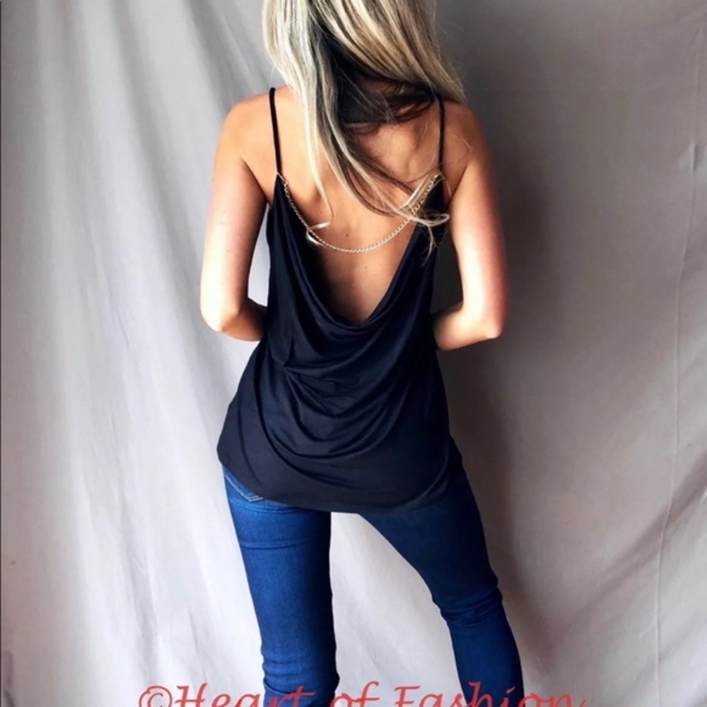 SEXY Black Relaxed Sleeveless Chain Embellished Open Cowl Drape Back Summer Top